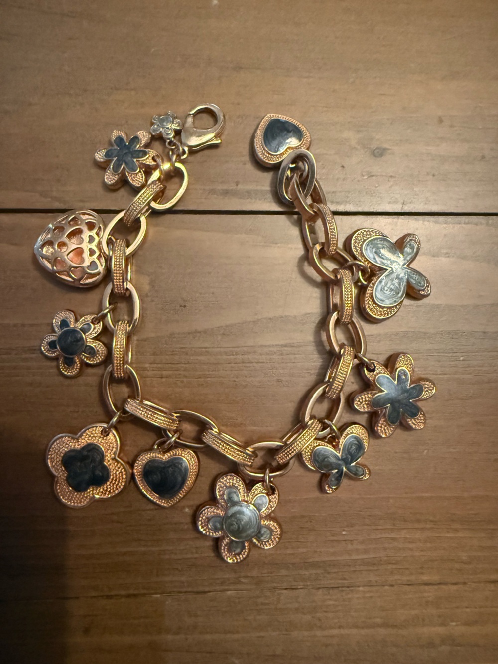 LGA Lauren Adams Bracelet Enamel Butterfly Flower Charm Chunky Link Gold Toned
